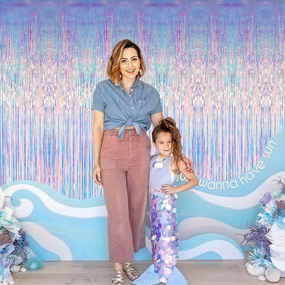 GOER 3.2 ft x 6.5 ft Metallic Tinsel Foil Fringe Curtains Party Photo Backdrop Party Streamers for Mermaid Birthday Party Decorations(1 Pack,Iridescent)