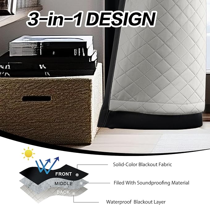 Thermal Insulated Grommet 100% Blackout Curtains for Bedroom 3-in-1 Curtains Noise and Heat Reduction for Bedroom Living Room 50”Width by 84”Length Black 1 Panel