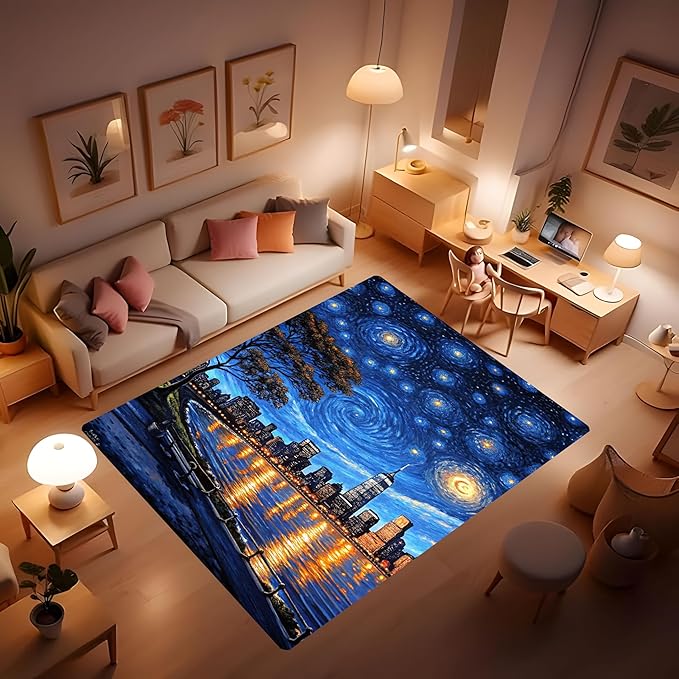 Machine Washable 3' x 5' Oil Painting-Style Area Rug, Bule Floor mat, Suitable for bedrooms, Girls' Room Bedside, Living Room, Dining Room, Office, Non-Slip Low-Pile Stars and Swirls Carpet