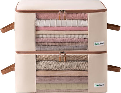 Canvas Storage Bags Designer Organizer for Comforters 2 Pack – Seasonal Storage for Pillows, Blankets, Linens & Garments – Foldable Design with Zip & Window, Moth-Proof Space Saver
