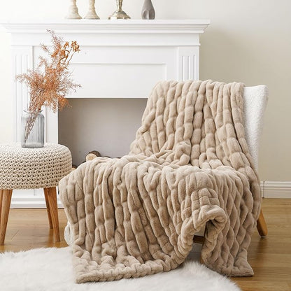 BATTILO HOME Luxury Faux Fur Throw Blanket for Couch, Cozy Plush Soft Blanket for Women, Double Side Ruched Rabbit Fur Blanket for Living Room, 50x60 Inches