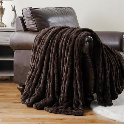 BATTILO HOME Dark Brown Faux Fur Throw Blanket for Couch, Double Side Reversible Ruched Rabbit Fur Blanket for Couch, Bed, Sofa, Soft Warm Mink Cozy Blanket, 50x60 Inch
