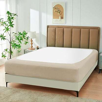 Biscaynebay Decorative Box Spring Cover Full & Full XL Size, Light Camel Luxurious Jersey Knitting Stretchy Wrap Around 4 Sides Bed Skirt for Home/Hotels, Easy Fit Wrinkle Free Machine Washable
