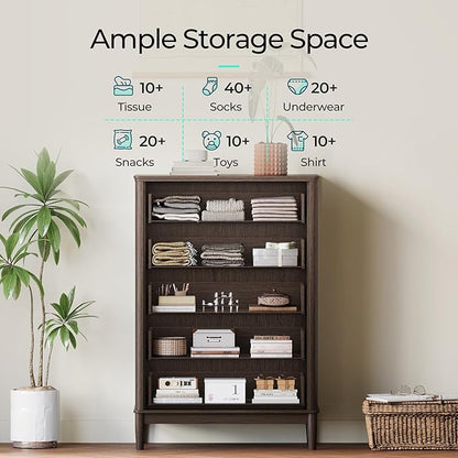 LINSY HOME Rattan Dresser for Bedroom with 5 Drawers, 46" Tall Chest of Drawers, Mid Century Modern Dresser TV Stand with Metal Handle, Wood Closet Storage Cabinet for Living Room, Hallway, Walnut