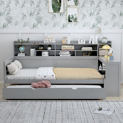 Merax Full Size Corner Bed Frames with Desk and Trundle & Storage Shelves Headboard, Pinewood U-Shaped Captain Daybed for Small Room, Bedroom, Guest Room, Kids' Room, Grey
