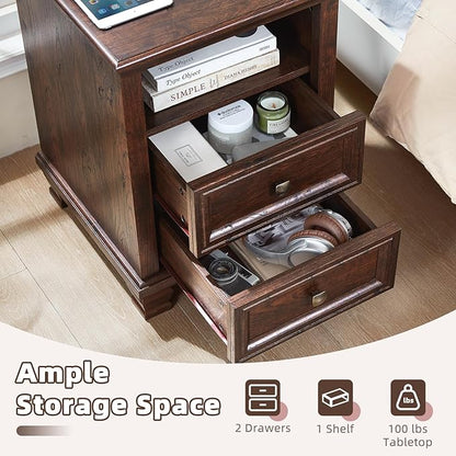 SAVOR LIFE Farmhouse Nightstand Set of 2 with Charging Station, Rustic Brown Nightstand, 2 Drawers End Table, Bedside Table with Open Shelf for Bedroom, Walnut