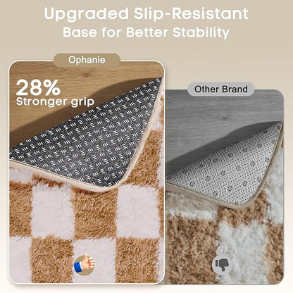 Ophanie Checkered Beige & White Rug for Living Room Bedroom, Fluffy Soft Cute Fuzzy Area Rugs, Shag Plush Shaggy Bedside Floor 6x9 Furry Carpet for Kids Baby Teen Dorm Nursery Home Decor Aesthetic