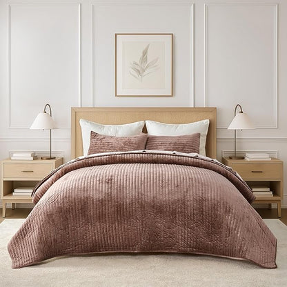 EVERGRACE Velvet Quilt Set Full Queen Size, Luxurious Soft Striped Channel Bedding Set, Lightweight Velvet Comforter for All Season, Oversized Bedspread Coverlet with 2 Matching Shams, Terracotta Clay