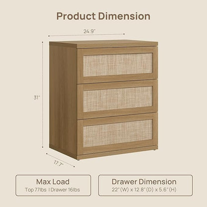 SICOTAS Dresser for Bedroom - 31" Tall Rattan Dresser with 3 Drawers Boho Dressers & Chests of Drawers Dressers for Bedroom Deep Bedside Table Clothes Closet Storage for Closet Hallway Entryway