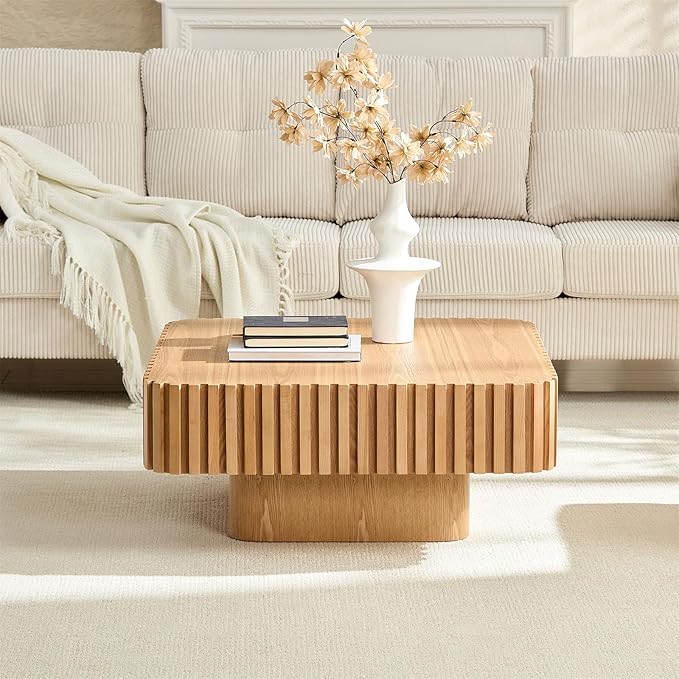 LKTART Square Coffee Table for Living Room, Accent Fluted Coffee Table with Storage, Modern Solid Wood Veneered Large Center Tea Table for Small Space Apartment (35.4''D×16''H-Natural)