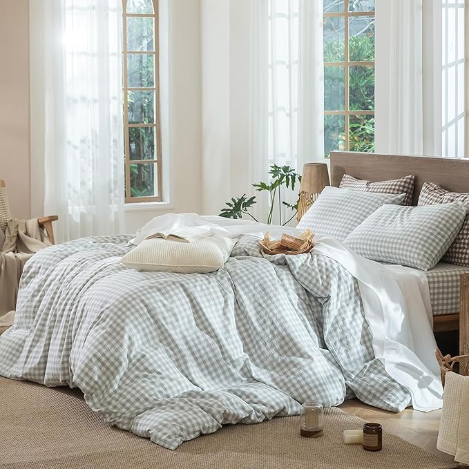 MooMee Gingham Duvet Cover Set 100% Washed Cotton Linen Like Textured Breathable Durable Soft Comfy Modern Checkered Design (Northern Droplet Grey Gingham, Twin 68"x90")