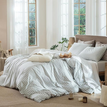 MooMee Gingham Duvet Cover Set 100% Washed Cotton Linen Like Textured Breathable Durable Soft Comfy Modern Checkered Design (Northern Droplet Grey Gingham, Queen 90"x90")