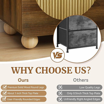 23" Fluted Nightstand with Solid Wood Legs, Modern Style Walnut Bedside Table with Round Moon Handle & Storage, Mid Century Cute Night Stand for Bedroom, Side Table, End Table