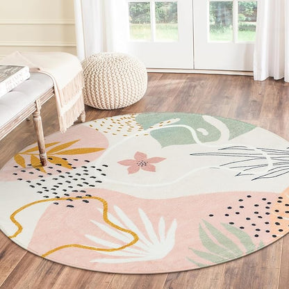 Lahome Pink Round Rugs 5Ft - Washable Boho Large Round Area Rug for Living Room Non-Slip Throw Ultra- Thin Circle Rugs for Bedroom Nursery, Cute Soft Botanical Print Round Carpet for Classroom Office