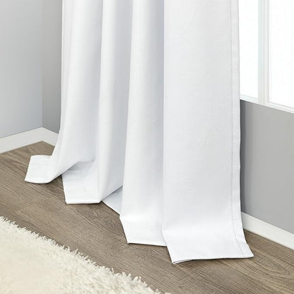 Short Small Window Room Darkening Curtains 58 Inches Long for Bedroom Basement Linen Cotton Textured Sunblock Heat Blocking Soundproof White Blackout Curtain Back Tab Pleated Drape 58 Length 2 Panels
