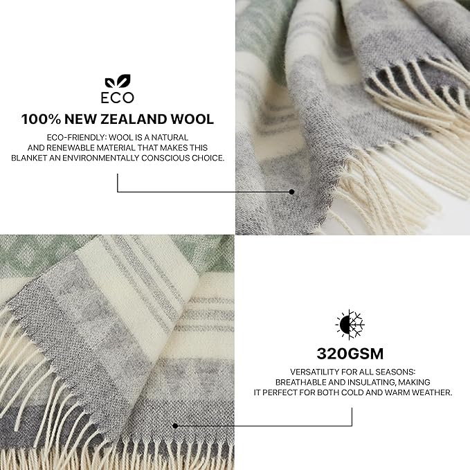 | Wool Blanket/Throw | 100% New Zealand Wool | Perfect for Home and Outdoors | Virgin Wool Throw with Fringes 67"x79" (170 x 200 cm)
