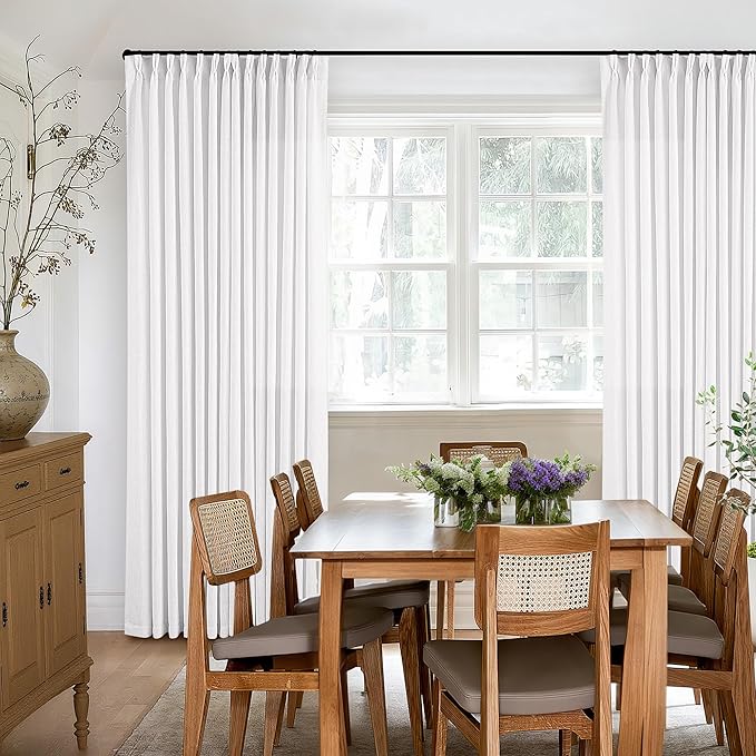 Pinch Pleated Linen Curtains 108 Inches Long 2 Panels Set for Living Room Bedroom Farmhouse Snow White Cotton Linen Blend Back Tab Pinch Pleat Drapes Ceiling Floor Extra Long Window Curtains 9 Ft