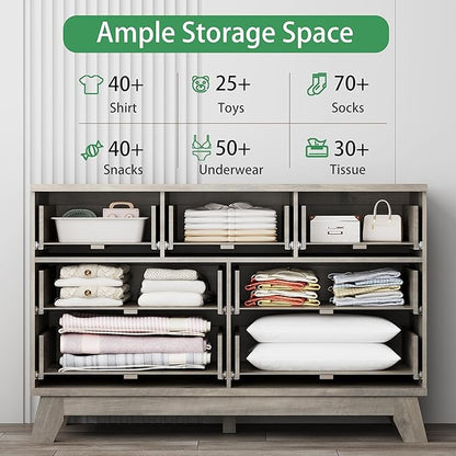 Fluted Dresser for Bedroom with 7 Drawers, 48" Wide Modern Chest of Drawers with Metal Handle, Wood Dresser TV Stand, Wooden Closet Clothes Storage Organizer for Living Room, Hallway, Grey