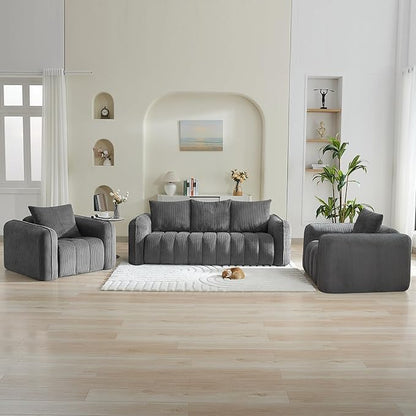 Corduroy Boneless Living Room Sets, Modern Upholstered 3 Seater Sofa with 2 Signle Accent Chairs, Comfy Deep Seat Cloud Sofa Couch Sets for Living Room, Grey