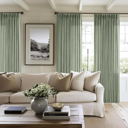 Sage Green Pinch Pleated Linen Curtains 80 Inches Long for Living Room Bedroom Light Filtering Boho Window Drape 80 inch 2 Panels with Hooks Rings Sliding Glass Door Semi Sheer Curtain Light Green