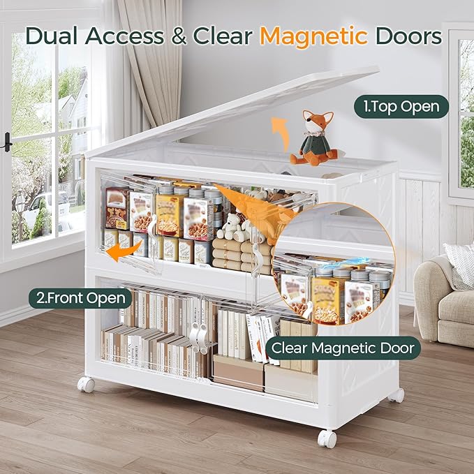 180Gal Stackable Storage Bins with Lid, 720Qt Extra Large Collapsible Storage Box with Doors and Wheels, Plastic Closet Organizer and Storage Cabinet Drawer for Home Kitchen, 4Pack White