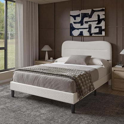 Full Size Bed Frame with Headboard, Teddy Soft Boucle Fabric Bed Frame Full, Soft Cloud Marshmallow Shape Upholstered Headboard, No Box Spring Needed, Noise Free (White)
