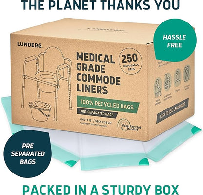 Lunderg Recycled Commode Liners - 250 Environment Friendly Portable Toilet Bags - Medical Grade Bedside Commode Liners Disposable - Universal Fit & Easy to Use - Absorbent Pads NOT included