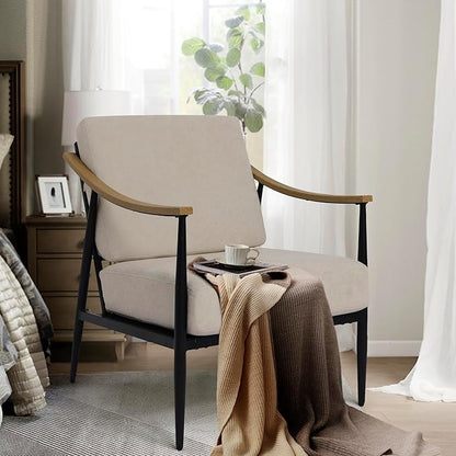 Modern Accent Chairs Set of 2 for Living Room Bedroom Mid Century Arm Chairs Upholstered Office Accent Chairs Comfy Waiting Room Chairs with Metal Frame, Beige