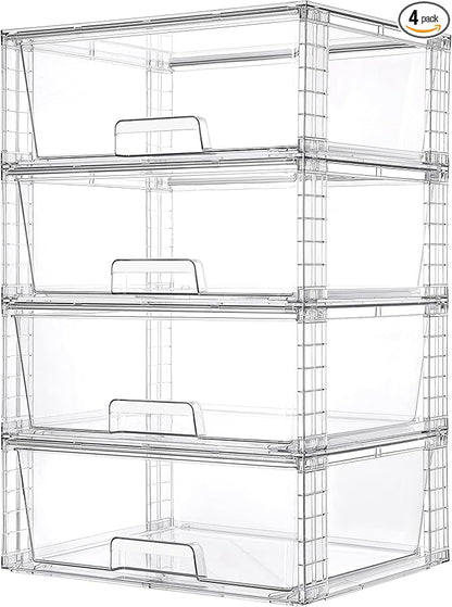 Vtopmart 4 Pack Large Stackable Storage Drawers,Easily Assemble Acrylic Bathroom Closet Undersink Organizers and Storage,Plastic Storage Bins for Kitchen Cabinets,Pantry,Makeup,Medicine Organization