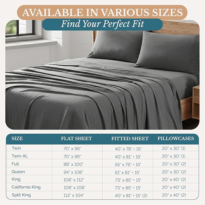 Casa Platino 4Piece Charcoal Microfiber King Sheet Set, Pre-Washed Ultra Soft, Breathable, Deep Pockets - Bed Linen Set