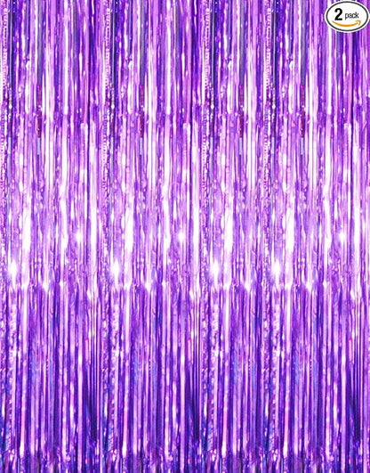 GOER 6.4 ft x 8.2 ft Metallic Tinsel Foil Fringe Curtains,Pack of 2 Party Streamer Backdrop for Halloween Birthday,Graduation and New Year Eve Party Decorations (Purple)