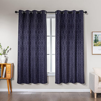Amazon Basics Jacquard 2-Piece 100% Blackout Curtains, Living Room and Bedroom Drapes, Thermal Insulated Window Treatment, 52"x72", Dark Blue