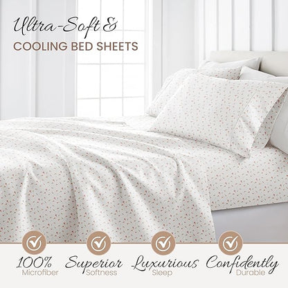 Linen Market Patterned Microfiber King Sheet Set 4 Piece – Oeko-TEX Certified Ultra Soft & Wrinkle-Free - 16" Deep Pocket Sheets - Easy Care King Size - Soft Floral Pink