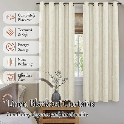 Blackout Living Room Curtains 72 Inch Long 2 Panels, Textured Linen Black-Out Curtains for Bedroom Light Blocking, Bronze Grommet Thermal Insulated Window Drapery, Each 52" Wide, Natural