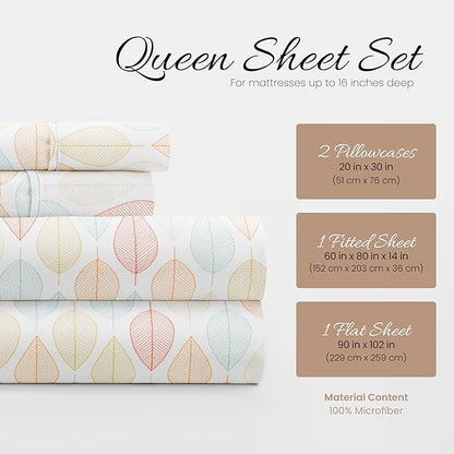 Linen Market Patterned Microfiber Queen Sheet Set 4 Piece – Oeko-TEX Certified Ultra Soft & Wrinkle-Free - 16" Deep Pocket Sheets - Easy Care Queen Size - Fall Foliage Yellow