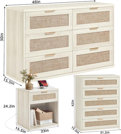 LEYAOYAO Rattan Dresser and Nightstand Set of 3, Boho Wood Dresser for Bedroom with 6 Drawers and Night Stand with Charging Station, Bedroom Furniture, Dressers & Chests of Drawers,Hallway,Living Room