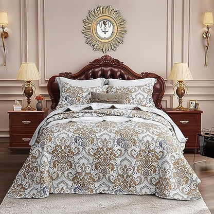CHIXIN Full Size Bedspread Quilt - Luxury Collection - European Damask Paisley Pattern - Classic & Gorgeous Bedding Cover, Lightweight, Ultra Soft, 5 Piece, 100% Microfiber, White/Khaki/Grey