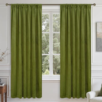 LAMIT Moss Green Velvet Blackout Curtains 72 Inch, Vintage Thermal Insulated Room Darkening Drapes for Living Room Back Tab and Rod Pocket Privacy Window Panels for Bedroom, 2 Panels, 52 x 72 Inch