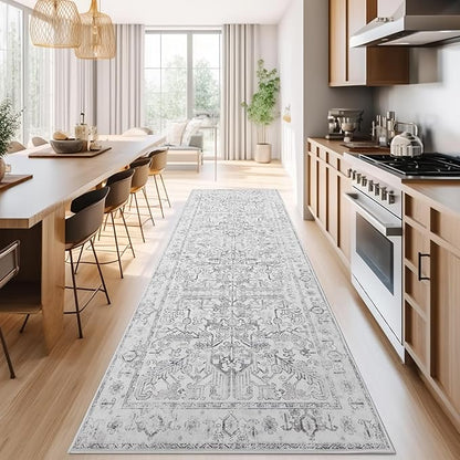 jinchan Lima Hallway Runner Rug 3x8 Washable - Vintage Floral Non Slip Low-Pile Soft Ultra-Thin Faux Wool Kitchen Rug Distressed Carpet Runner for Farmhouse Bedroom Laundry (3x8ft, Grey)