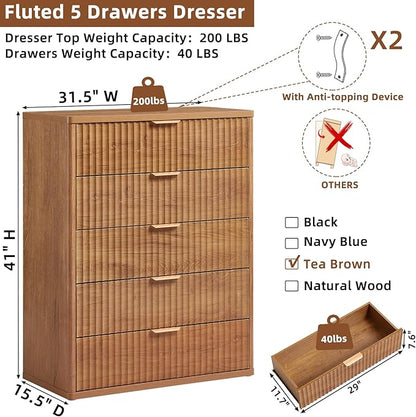 LEYAOYAO Fluted 5 Drawers Dresser Set of 2, 41" Tall Modern Chest of Drawers with Metal Handle, Curved Profile Dresser TV Stand, Wooden Drawer Organizer for Bedroom, Living Room, Hallway, Lightgrey