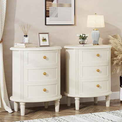 Tribesigns Nightstand with 3 Drawers, Oval Bed Side Table for Bedroom, Fully Assembled, Farmhouse Night Stand with Storage, Wooden Side End Table with Solid Wood Legs for Living Room, Beige White