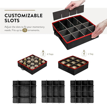 ZOBER All in One Christmas Ornament Storage Box & Decoration Container - Easy Access Removable Trays, Keeps 73 Ornaments - Adjustable Extent Area for Figurines and Pockets for Decoration - Black