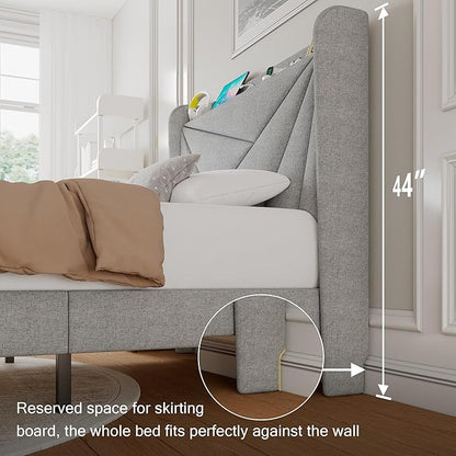 Twin Size Upholstered Bed Frame with Charging Station, Platform Bed Frame with Storage Headboard, Solid Wood Slats Support, No Box Spring Needed, Light Gray