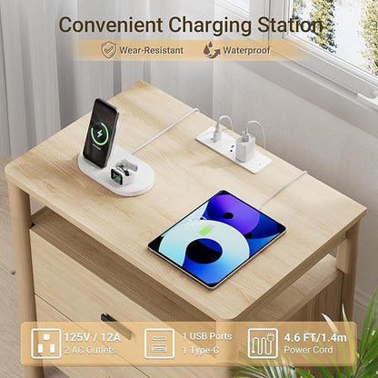 FavourLife Night Stand Set 2, 23" Wide Nightstands Set of 2, Large Nightstand with Charging Station, 2 Drawer Wooden End Table with Solid Round Post Legs, Modern Bedside Table for Bedroom, Natural Oak