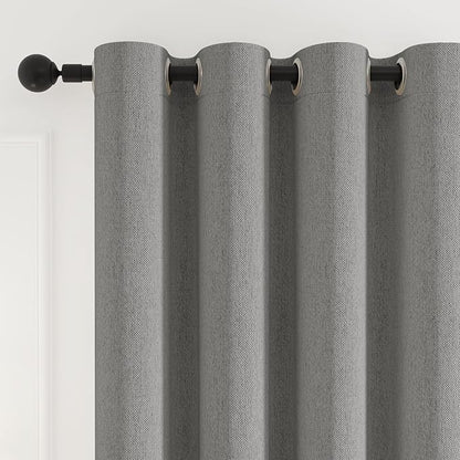 100% Blackout Grommet Linen Curtains for Living Room, Linen-Look Textured Full Light Blocking Room Darkening Thermal Insulated Drapes for Bedroom 2 Panels (W52xL92, Grey)