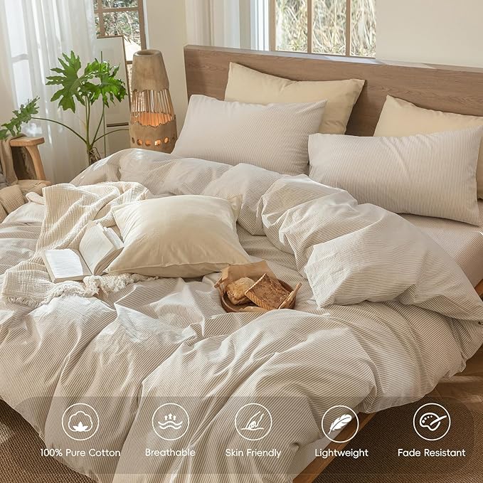 MooMee Striped Duvet Cover Set 100% Washed Cotton Linen Like Textured Breathable Durable Soft Comfy (Tannish Linen Grey White Pinstripes, Super King Plus 120"x120")