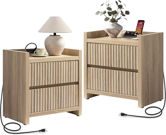 SICOTAS Night Stands Set of 2-Fluted Nightstands with Charging Station- Large Nightstand Bedside Table End Table with 2 Drawers, 25" Tall Mid Century Modern Night Stand for Bedroom, Sofa Side