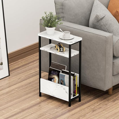 THUMEYE 7.1" Narrow Side Table for Small Spaces, 3 Tier Small End Table with Magazine Holder, Slim/Skinny Nightstand/Bedside Table for Living Room, Bedroom, 15.4" L x 24.2" H, Faux White Marble