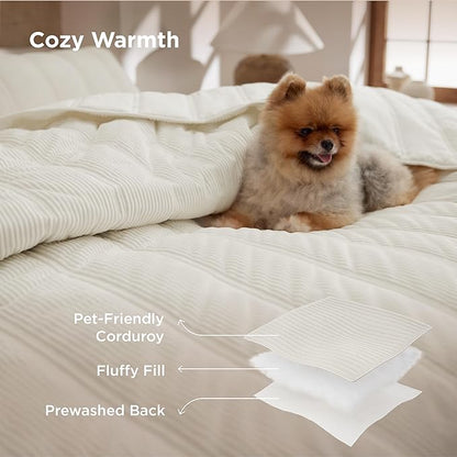 Bedsure Luxury Velvet Quilt Queen Size - Lightweight Velvet Ivory Fluffy Comforter Set, Oversized Corduroy Bedspread Coverlet Winter Bedding Set, Pet-Friendly, Tear-Resistant, Ultra-Soft, 90"x96"
