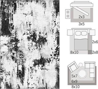 Area Rugs 8x10, Modern Abstract Machine Washable Rugs for Living Room Thin Carpet Indoor Floor Non-Shedding Carpets for Bedroom Dining Room Farmhouse Home Office | Black White
